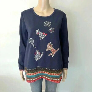 Vintage long sleeves navy sweaters with cats embroidery on the front. Medium